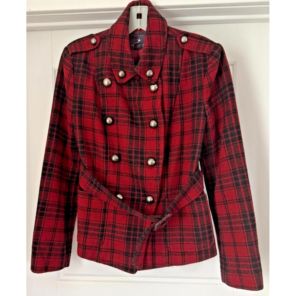 Forever 21 Button Front Coat Women's Size S/P Plaid Red & Black, Waist Belt